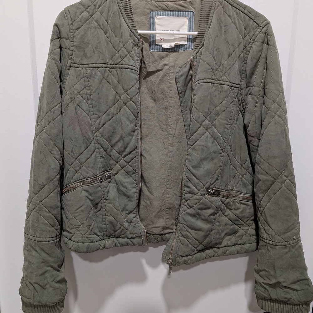 Anthropologie Sage Green Quilted Bomber Jacket - Picture 2 of 6